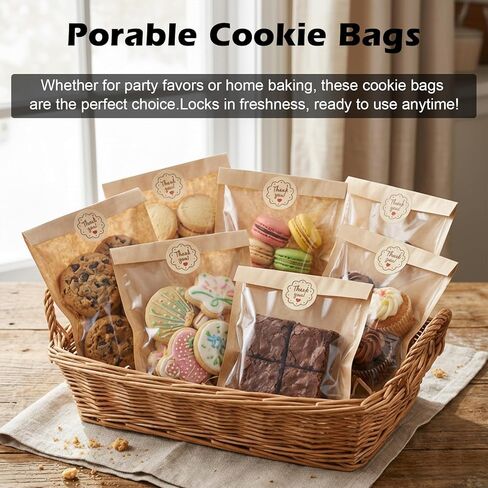 100 عبوة من أكياس البسكويت مع نافذة من Lsnisni، أكياس مخبز ورقية مقاومة للزيوت مقاس 13.97 سم × 19.05 سم، أكياس تغليف البسكويت قابلة للإغلاق بالحرارة من كرافت لتقديم الهدايا لبيع المخبوزات للبسكويت والدونات والشرائح والساندويتشات in Kuwait