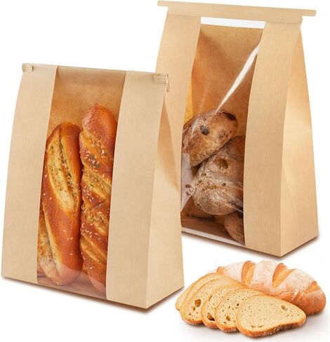 100 PCS Large Paper Bread Bags, 13.7 x 8.2 x 3.5 Inches Bakery Bags with Window, Homemade Bread Loaf Bags with Tin Tie Tab Lock and Seal Stickers in Kuwait