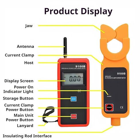 جهاز قياس المشبك اللاسلكي عالي الجهد من WAKASAN9100B، ناقل الحركة 30 مترًا، تيار متردد 0.00 مللي أمبير-600 أمبير، مقياس مشبك ذاتي النطاق مع فك 33 مم، تخزين بيانات 99 مجموعة، شاشة LCD بإضاءة خلفية لاختبار تيار التسرب والخط العلوي in Kuwait