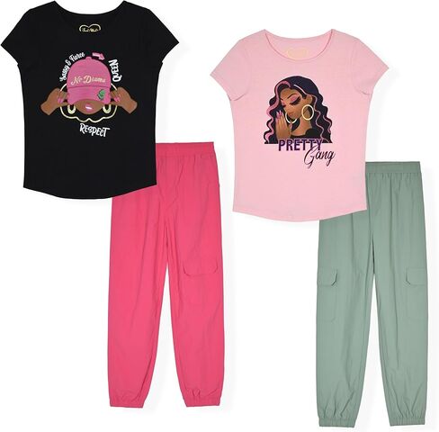 Girls 4 Pack Jogger Pants Set, Glitter and Foil Graphic Sweatpants, Soft Fleece Lounge Pants in Saudi Arabia