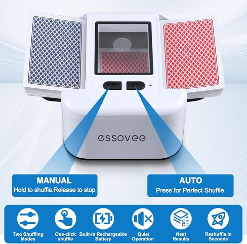 ماكينة خلط البطاقات الأوتوماتيكية لعدد 1-2 من الطوابق، آلة خلط البطاقات المحمولة منخفضة الضوضاء ذات الوضع المزدوج ووحدة خلط البطاقات السريعة القابلة لإعادة الشحن عبر USB-C للبوكر، لعبة ورق، UNO، تكساس هولدم، الحفلات والسفر in Kuwait