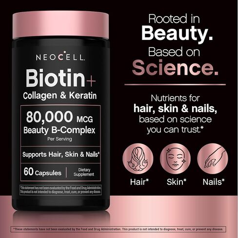 NeoCell Biotin Collagen Keratin Supplement | 80000mcg | 60 Capsules | Beauty B-Complex | Plus Hyaluronic Acid | Hair, Skin, and Nails in Kuwait