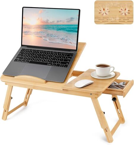 Bamboo Angle Adjustable Laptop Desk，Folding Lap Desk Bed Tray Table with Cup Holder, Small Portable Lap Desk for Working & Reading in Kuwait