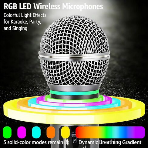 ميكروفون كاريوكي لاسلكي بلوتوث، ميكروفون معدني بالكامل مع ضوء RGB، تحكم في مستوى الصوت، بطارية قابلة لإعادة الشحن 24 ساعة، نطاق 200 قدم، جهاز استقبال مع 3.5 مم AUX 6.35 مم ميكروفون USB للغناء والكلام والحفلات in Saudi Arabia