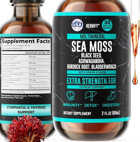 ملحق سائل البحر MOSS Multiminaler - البحر الأيرلندي الطحلب بذور البذور السوداء Ashwagandha Burdock Root Pladderwrack - صحة الأمعاء ، ودعم المناعة والغدة الدرقية للنساء - نكهة العنب - 2 أوقية - مصنوعة في الولايات المتحدة الأمريكية in Kuwait