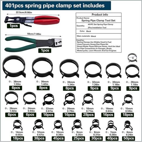 مشابك خرطوم زنبركية للسيارات 6-38 مم، 401 قطعة من أدوات مشبك أنابيب تبريد الوقود في 20 مقاسًا، تستخدم لإصلاح واجهات الخراطيم في تطبيقات السيارات والبحرية والبستنة والصناعية in Kuwait