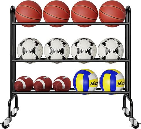 Basketball Rack 3 Tier, Rolling Sport Equipment Holder Ball Storage Cart for Basketball, Football and Soccer, Suitable for Indoor and Outdoor, Black in Kuwait