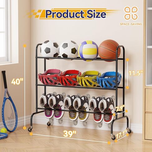 Basketball Rack 3 Tier, Rolling Sport Equipment Holder Ball Storage Cart for Basketball, Football and Soccer, Suitable for Indoor and Outdoor, Black in Kuwait