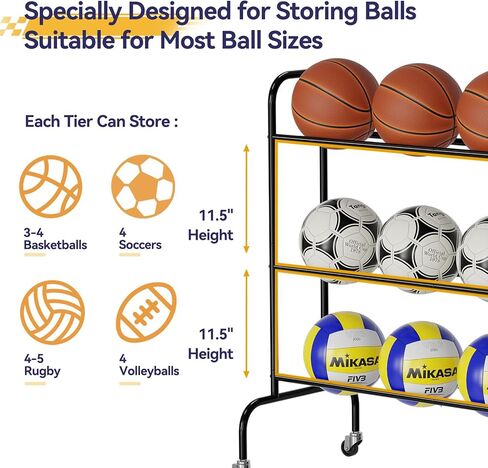 Basketball Rack 3 Tier, Rolling Sport Equipment Holder Ball Storage Cart for Basketball, Football and Soccer, Suitable for Indoor and Outdoor, Black in Kuwait