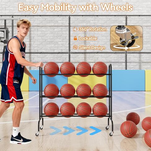 Basketball Rack 3 Tier, Rolling Sport Equipment Holder Ball Storage Cart for Basketball, Football and Soccer, Suitable for Indoor and Outdoor, Black in Kuwait
