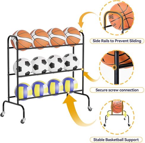 Basketball Rack 3 Tier, Rolling Sport Equipment Holder Ball Storage Cart for Basketball, Football and Soccer, Suitable for Indoor and Outdoor, Black in Kuwait