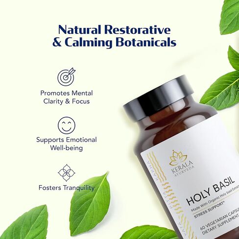 Kerala Ayurveda Holy Basil Tulsi Extract Capsules (60 Vegan Tablets) | Adrenal Support Herbal Supplements with Respiratory Wellness & Calm Support | Natural Ingredients | Prop 65 Compliant in Kuwait