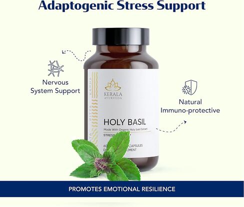 Kerala Ayurveda Holy Basil Tulsi Extract Capsules (60 Vegan Tablets) | Adrenal Support Herbal Supplements with Respiratory Wellness & Calm Support | Natural Ingredients | Prop 65 Compliant in Kuwait