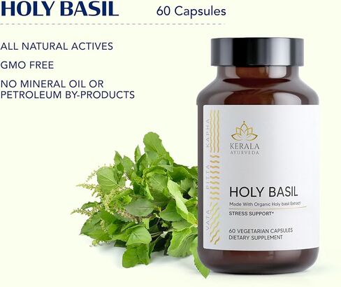Kerala Ayurveda Holy Basil Tulsi Extract Capsules (60 Vegan Tablets) | Adrenal Support Herbal Supplements with Respiratory Wellness & Calm Support | Natural Ingredients | Prop 65 Compliant in Kuwait