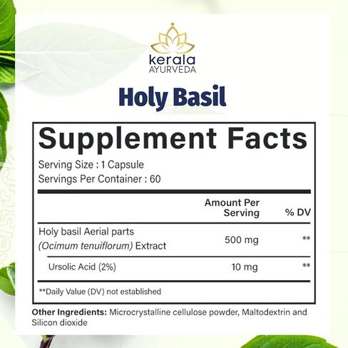 Kerala Ayurveda Holy Basil Tulsi Extract Capsules (60 Vegan Tablets) | Adrenal Support Herbal Supplements with Respiratory Wellness & Calm Support | Natural Ingredients | Prop 65 Compliant in Kuwait