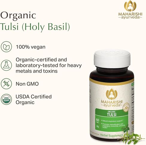 Maharishi Ayurveda Organic Tulsi– 500 mg, 60 Tabs – Herbal Supplement that Supports Respiratory & Immune Health, Promotes Detoxification & Lung Health. Organic Certified | Non-GMO | USDA Certified.* in Saudi Arabia