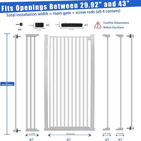 SHYUJAJIE 59 inch Extra Tall Cat Pet Gate Baby Gate Adjustable 29.13" and 42.08" Wide Pressure Mounted Walk Through Swing Safety Pet Gates Child Gate for Stairs, Doorway, House (59 * 42inch) in Kuwait