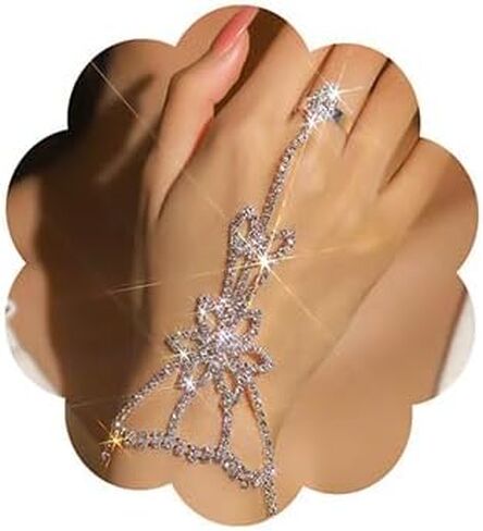 Wiwpar Boho Crystal Rhinestone Flower Flower Blegle Bracelet Bracelet مع عبيد إصبع خاتم الزفاف تسخير اليد للنساء in Saudi Arabia