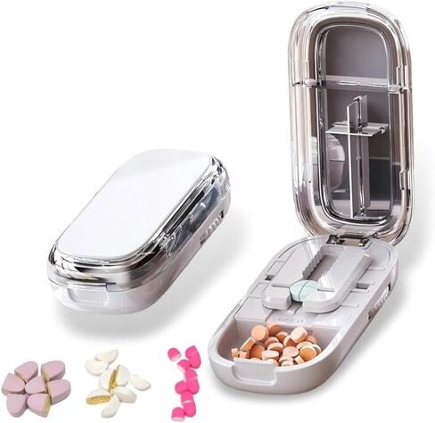 قاطعة حبوب منع الحمل، تقسم بدقة الحبوب الصغيرة أو الكبيرة والفيتامينات ذات الأشكال المختلفة مع شفرة آمنة ذاتية السحب (رمادي فاتح 1/2، 1/4) in Kuwait