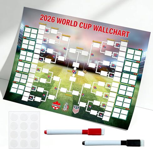 ملصق جدول كأس العالم 2026، مخطط جداري سميك مقاوم للماء لمحبي كرة القدم، جدول تسجيل مباريات البطولة مع 2 علامات قابلة للمسح ولاصق 35.47 × 23.69 بوصة in Saudi Arabia
