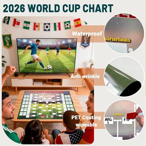 ملصق جدول كأس العالم 2026، مخطط جداري سميك مقاوم للماء لمحبي كرة القدم، جدول تسجيل مباريات البطولة مع 2 علامات قابلة للمسح ولاصق 35.47 × 23.69 بوصة in Saudi Arabia