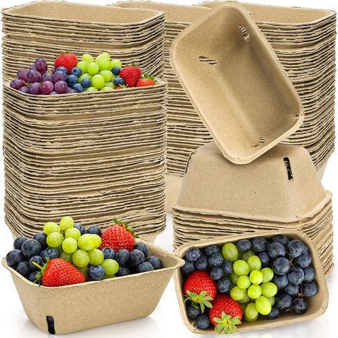 100 Pack Natural Pulp Fiber Berry Baskets, Rectangle Strawberry Produce Vented Container, Bulk Molded Fruit Boxes, Vegetable Picking Holder for Farmers Market, Grocery Store, Backyard Party in Saudi Arabia