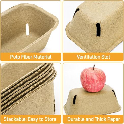 100 Pack Natural Pulp Fiber Berry Baskets, Rectangle Strawberry Produce Vented Container, Bulk Molded Fruit Boxes, Vegetable Picking Holder for Farmers Market, Grocery Store, Backyard Party in Saudi Arabia