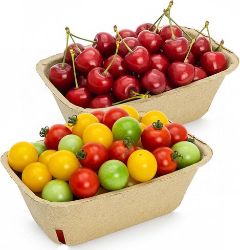 100 Pack Natural Pulp Fiber Berry Baskets, Rectangle Strawberry Produce Vented Container, Bulk Molded Fruit Boxes, Vegetable Picking Holder for Farmers Market, Grocery Store, Backyard Party in Saudi Arabia