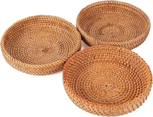 3Pcs Small Round Keys Basket Bowl for Entryway, 7" Woven Baskets Tabletop Wicker Catchall Rattan Round Tray Decorative Natural Basket Organizing Fruit Bread Basket for Keys Wallet Cell Phone in Saudi Arabia