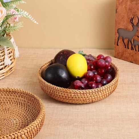 3Pcs Small Round Keys Basket Bowl for Entryway, 7" Woven Baskets Tabletop Wicker Catchall Rattan Round Tray Decorative Natural Basket Organizing Fruit Bread Basket for Keys Wallet Cell Phone in Saudi Arabia