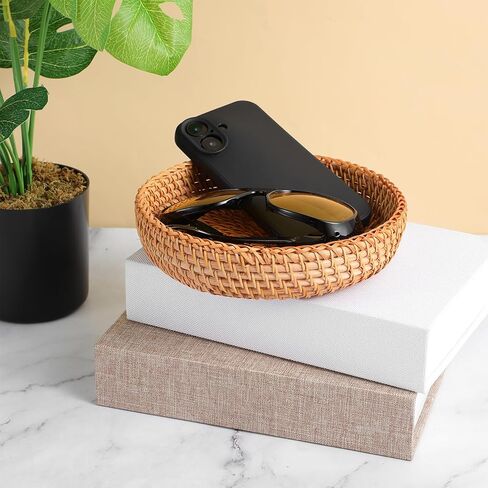 3Pcs Small Round Keys Basket Bowl for Entryway, 7" Woven Baskets Tabletop Wicker Catchall Rattan Round Tray Decorative Natural Basket Organizing Fruit Bread Basket for Keys Wallet Cell Phone in Saudi Arabia