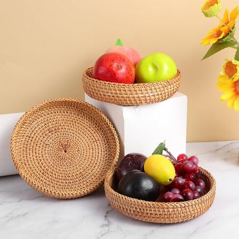 3Pcs Small Round Keys Basket Bowl for Entryway, 7" Woven Baskets Tabletop Wicker Catchall Rattan Round Tray Decorative Natural Basket Organizing Fruit Bread Basket for Keys Wallet Cell Phone in Saudi Arabia