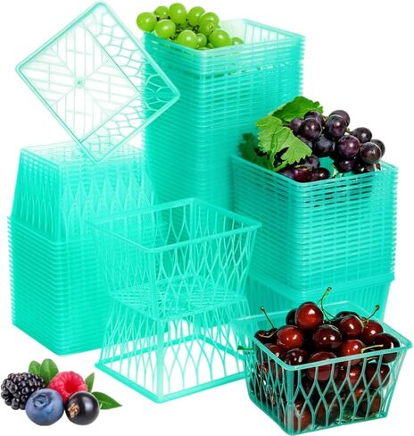 100 Pack Berry Baskets, Pint Size Plastic Strawberry Boxes with Open Weave Pattern for Fruit Vegetable, Small Produce Vented Container Kitchen Supplies for Farmer, Market, Grocery in Saudi Arabia