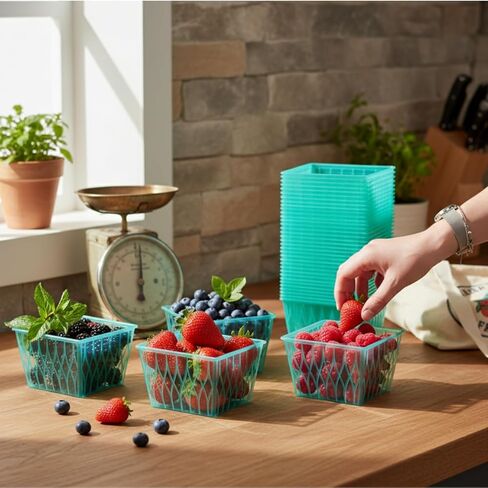 100 Pack Berry Baskets, Pint Size Plastic Strawberry Boxes with Open Weave Pattern for Fruit Vegetable, Small Produce Vented Container Kitchen Supplies for Farmer, Market, Grocery in Saudi Arabia