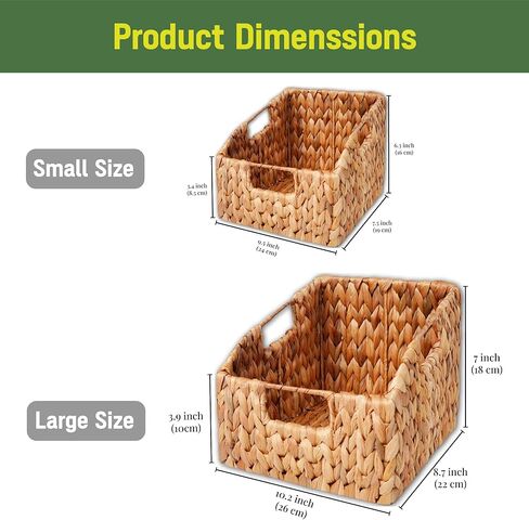 Set of 2 Wicker Pantry Basket – Handwoven Water Hyacinth Wicker Storage Baskets with Handles – Decorative Woven Baskets for Kitchen, Shelves & Organizing in Saudi Arabia