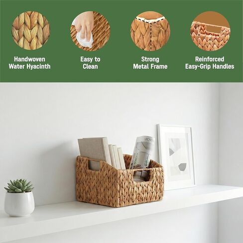 Set of 2 Wicker Pantry Basket – Handwoven Water Hyacinth Wicker Storage Baskets with Handles – Decorative Woven Baskets for Kitchen, Shelves & Organizing in Saudi Arabia