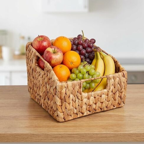 Set of 2 Wicker Pantry Basket – Handwoven Water Hyacinth Wicker Storage Baskets with Handles – Decorative Woven Baskets for Kitchen, Shelves & Organizing in Saudi Arabia
