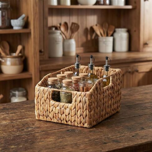 Set of 2 Wicker Pantry Basket – Handwoven Water Hyacinth Wicker Storage Baskets with Handles – Decorative Woven Baskets for Kitchen, Shelves & Organizing in Saudi Arabia