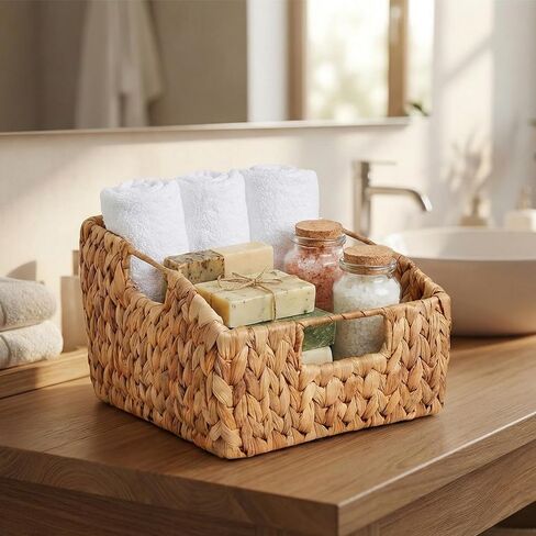 Set of 2 Wicker Pantry Basket – Handwoven Water Hyacinth Wicker Storage Baskets with Handles – Decorative Woven Baskets for Kitchen, Shelves & Organizing in Saudi Arabia
