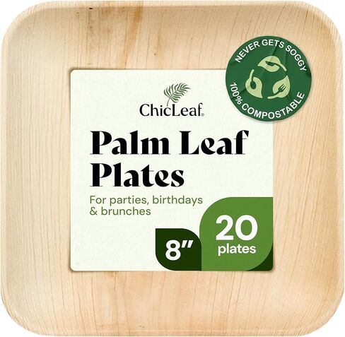 Chic Leaf Palm Leaf Disposable Bamboo Plates - Square Party Plates for Weddings, Parties, Cinco de Mayo Event Appetizers - Biodegradable & Compostable - Cinco de Mayo Party Supplies (8", 50 Pack) in Kuwait