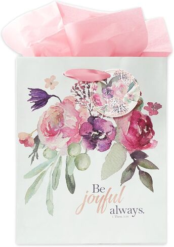 Christian Art Gifts Gift Bag/Tissue Paper Set Be Joyful Always 1 Thessalonians 5:16 Bible Verse, Pink Rose Floral, Medium in Kuwait