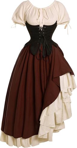 Medieval Renaissance Costume Women Cottagecore Corset Dress 3pcs Set in Kuwait