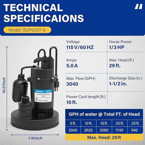 Acquaer Sump Pump Submersible Clean/Dirty Water Pump with Adjustable Float Switch for Garden Pool, Basement, Flooded House, Hot Tub and Irrigation, 1/3HP 3040GPH in Saudi Arabia