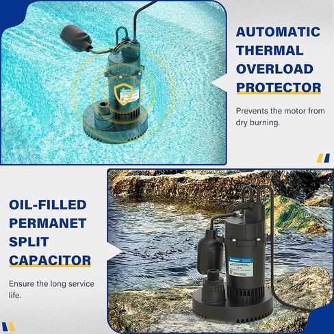 Acquaer Sump Pump Submersible Clean/Dirty Water Pump with Adjustable Float Switch for Garden Pool, Basement, Flooded House, Hot Tub and Irrigation, 1/3HP 3040GPH in Saudi Arabia