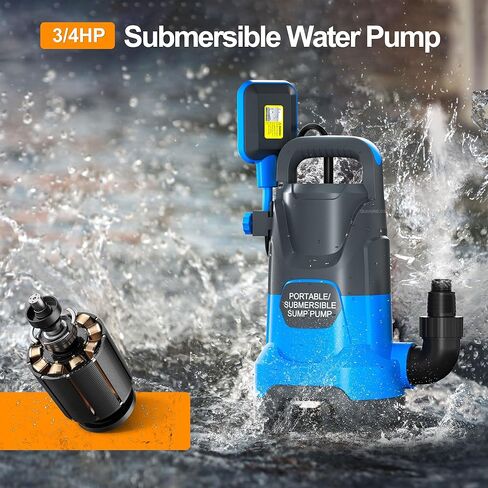 مضخة غاطسة أوتوماتيكية للمياه 3/4 حصان مضخة إزالة المياه النظيفة/القذرة 3500PGH مع مفتاح تعويم مضخة مياه كهربائية محمولة لنقل المياه لحمام السباحة والحديقة والبركة وتصريف الطابق السفلي in Kuwait