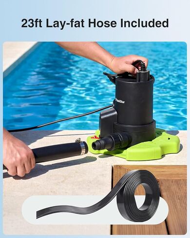 3035 GPH Automatic Pool Cover Pump with 23ft Hose Kit, 1/3 HP Submersible Water Pump with Anti-Clogging Filter Net & 3/4" Check Valve Adapter for Swimming Pool, Hot Tubs, Pond, Rooftops in Kuwait