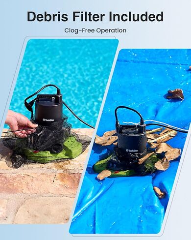3035 GPH Automatic Pool Cover Pump with 23ft Hose Kit, 1/3 HP Submersible Water Pump with Anti-Clogging Filter Net & 3/4" Check Valve Adapter for Swimming Pool, Hot Tubs, Pond, Rooftops in Kuwait