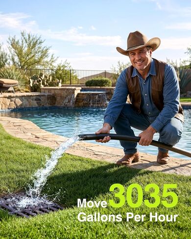 3035 GPH Automatic Pool Cover Pump with 23ft Hose Kit, 1/3 HP Submersible Water Pump with Anti-Clogging Filter Net & 3/4" Check Valve Adapter for Swimming Pool, Hot Tubs, Pond, Rooftops in Kuwait