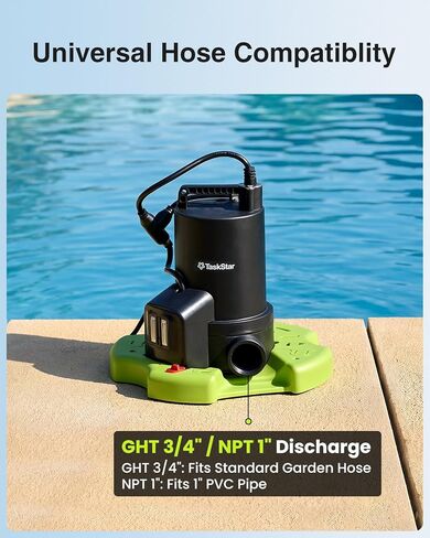 3035 GPH Automatic Pool Cover Pump with 23ft Hose Kit, 1/3 HP Submersible Water Pump with Anti-Clogging Filter Net & 3/4" Check Valve Adapter for Swimming Pool, Hot Tubs, Pond, Rooftops in Kuwait