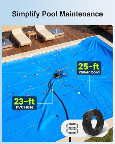 3035 GPH Automatic Pool Cover Pump with 23ft Hose Kit, 1/3 HP Submersible Water Pump with Anti-Clogging Filter Net & 3/4" Check Valve Adapter for Swimming Pool, Hot Tubs, Pond, Rooftops in Kuwait
